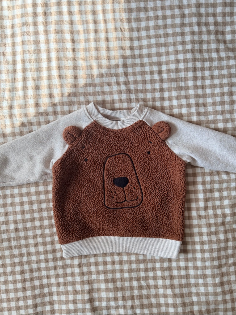 Carter's Brown Teddy Bear Fleece Crew Sweatshirt with Cream Sleeves
